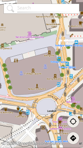Trafalgar Square in London rendered from Vector tiles in Marble Maps on SailfishOS