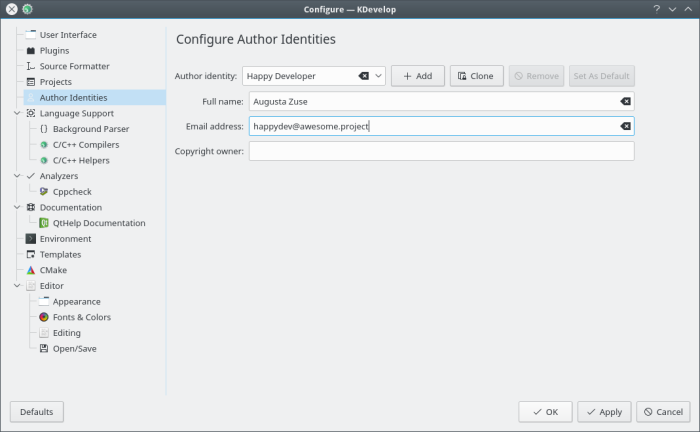 Draft of KDevelop settings: Configure Author Identitites